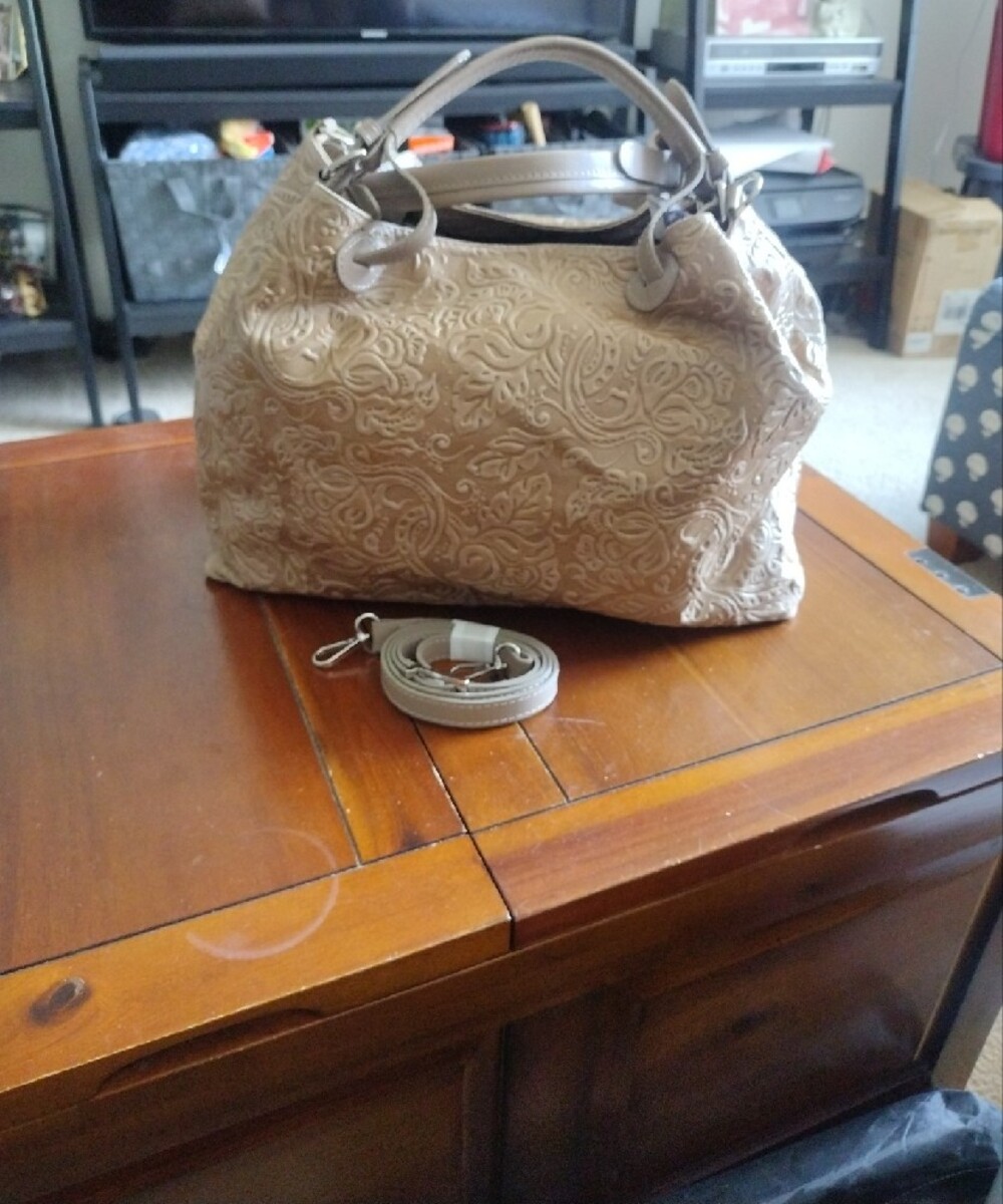 Isadora Italian Leather Embossed Floral Tote Handbag - Beige - Picture 2 of 11